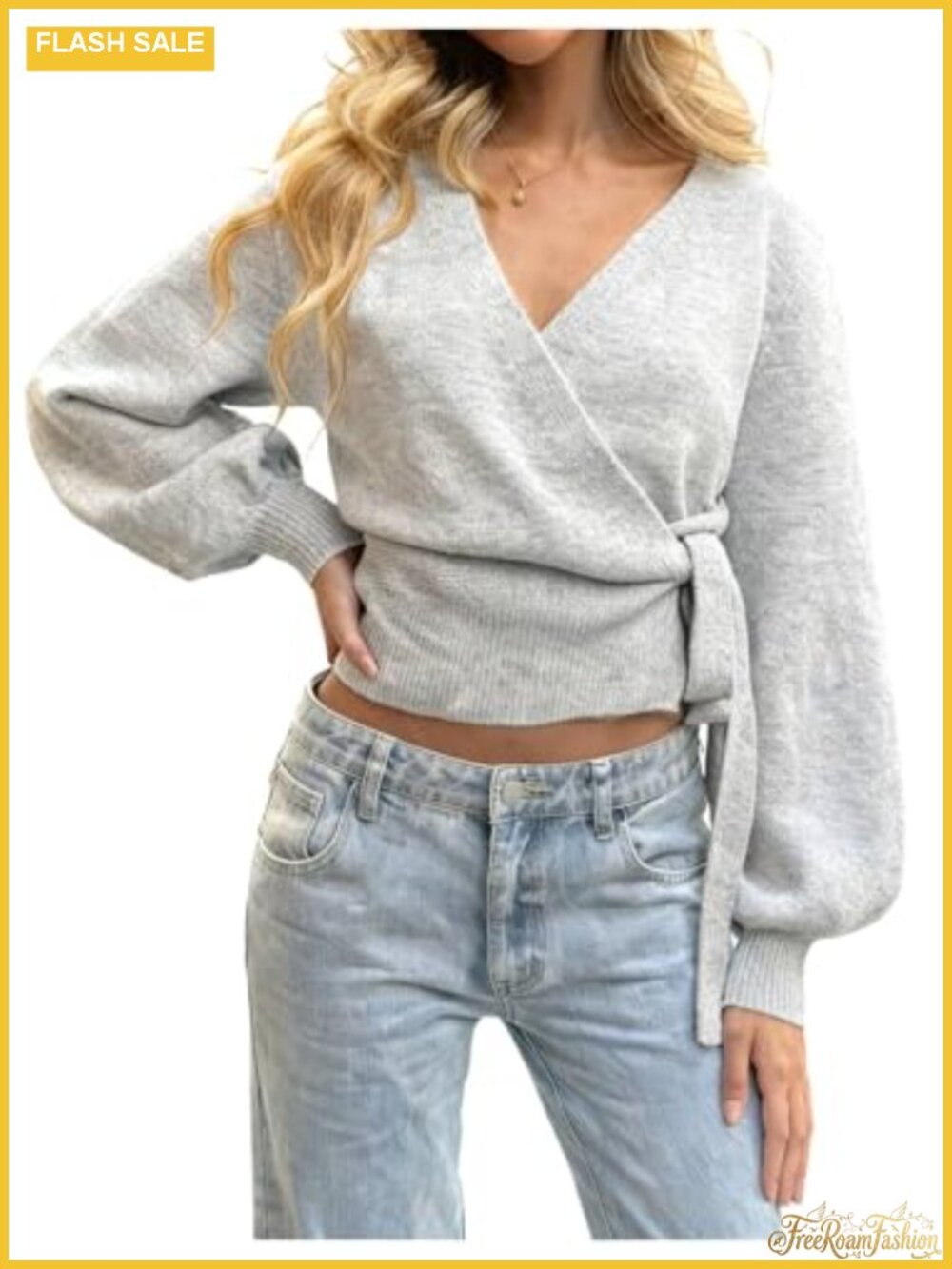 V Neck Tie Knot Hem Rib Knit Wrap Cardigan Bishop Sleeve Cropped Sweater